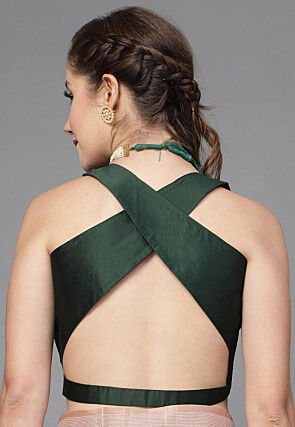 Solid Color Taffeta Silk Cross Back Blouse in Dark Green