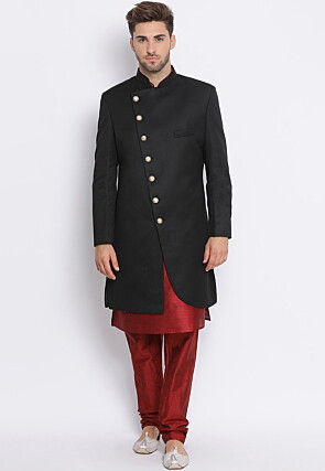 solid color terry cotton asymmetric sherwani in black v1 mgt385
