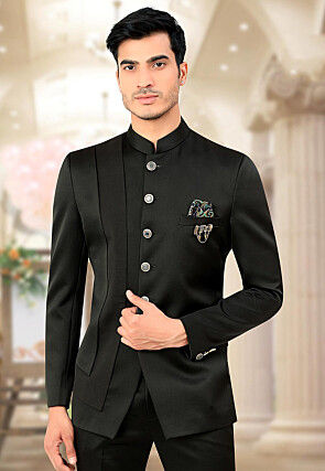 Solid Color Terry Rayon and Satin Jodhpuri Jacket in Black