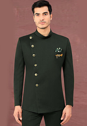 Solid Color Terry Rayon Asymmetric Jodhpuri Jacket in Dark Green