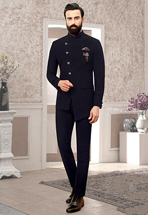 Solid Color Terry Rayon Asymmetric Jodhpuri Suit in Navy Blue