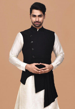 Solid Color Terry Rayon Asymmetric Nehru Jacket in Black