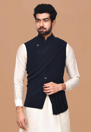 Solid Color Terry Rayon Asymmetric Nehru Jacket in Navy Blue