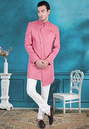 Solid Color Terry Rayon Asymmetric Sherwani in Pink