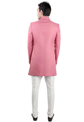 Solid Color Terry Rayon Asymmetric Sherwani in Pink