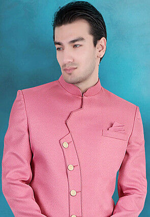 Solid Color Terry Rayon Asymmetric Sherwani in Pink
