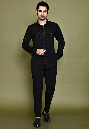 Solid Color Terry Rayon Co Ord Set in Black