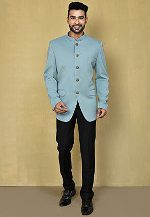 Solid Color Terry Rayon Jacquard Bandhgala Set in Light Blue