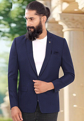 Woven Terry Rayon Jacquard Blazer in Navy Blue
