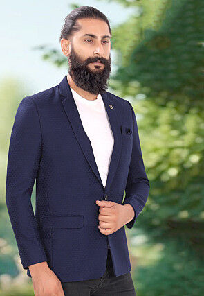 Woven Terry Rayon Jacquard Blazer in Navy Blue