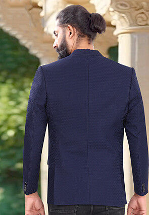 Woven Terry Rayon Jacquard Blazer in Navy Blue