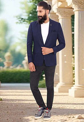 Woven Terry Rayon Jacquard Blazer in Navy Blue
