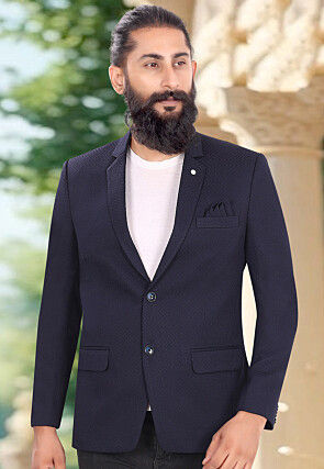 Solid Color Terry Rayon Jacquard Blazer in Navy Blue