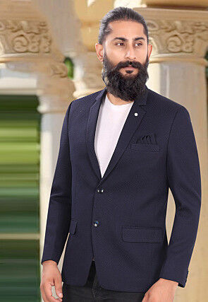 Solid Color Terry Rayon Jacquard Blazer in Navy Blue