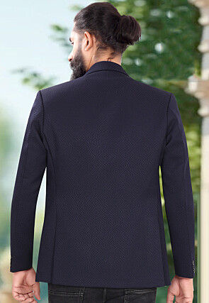 Solid Color Terry Rayon Jacquard Blazer in Navy Blue
