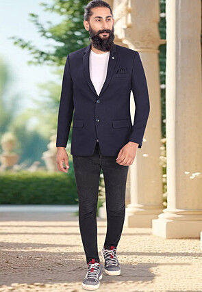 Solid Color Terry Rayon Jacquard Blazer in Navy Blue