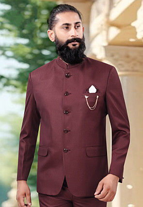 Woven Terry Rayon Jodhpuri Jacket in Maroon