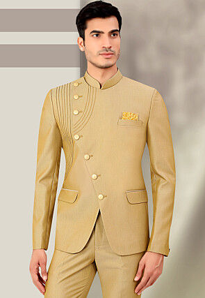 Solid Color Terry Rayon Jodhpuri Jacket in Beige