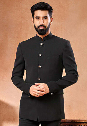 Solid Color Terry Rayon Jodhpuri Jacket in Black
