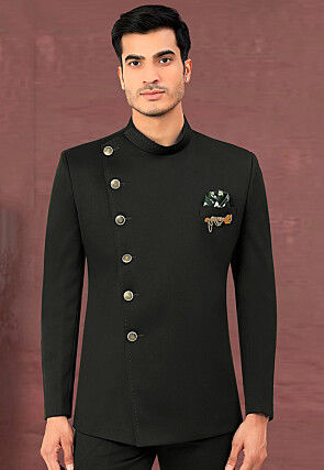 Solid Color Terry Rayon Jodhpuri Jacket in Black
