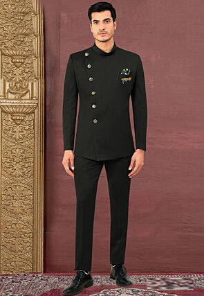 Solid Color Terry Rayon Jodhpuri Jacket in Black