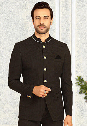 Solid Color Terry Rayon Jodhpuri Jacket in Black
