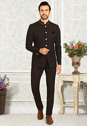 Solid Color Terry Rayon Jodhpuri Jacket in Black