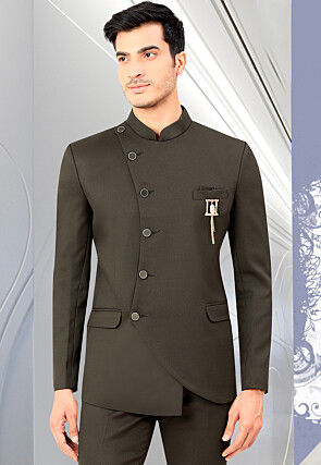 Solid Color Terry Rayon Jodhpuri Jacket in Dark Grey