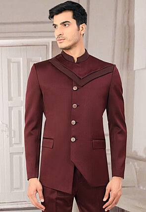 Solid Color Terry Rayon Jodhpuri Jacket in Maroon