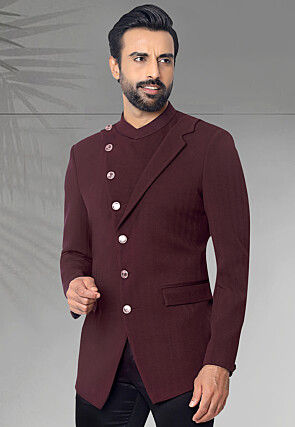 Solid Color Terry Rayon Jodhpuri Jacket in Maroon
