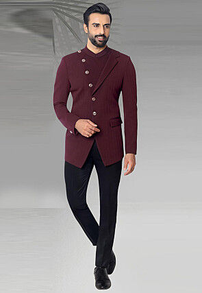 Solid Color Terry Rayon Jodhpuri Jacket in Maroon