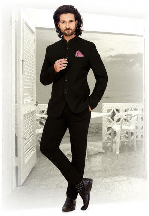 Solid Color Terry Rayon Jodhpuri Suit in Black