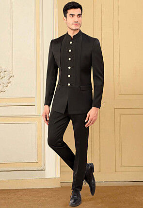 Solid Color Terry Rayon Jodhpuri Suit in Black