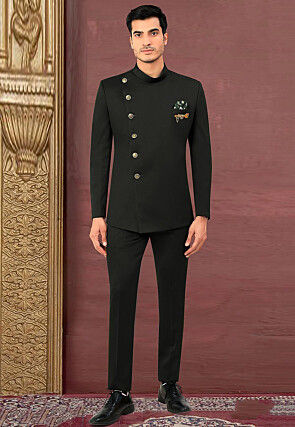 Buy Solid Color Terry Rayon and Satin Jodhpuri Set in Black Online