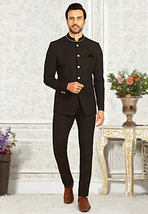 Solid Color Terry Rayon Jodhpuri Suit in Black