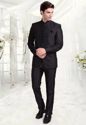 Solid Color Terry Rayon Jodhpuri Suit in Black