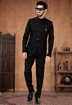 Solid Color Terry Rayon Jodhpuri Suit in Black