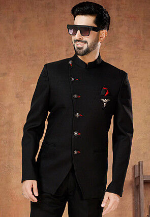 Solid Color Terry Rayon Jodhpuri Suit in Black