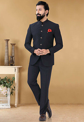 Solid Color Terry Rayon Jodhpuri Suit in Black