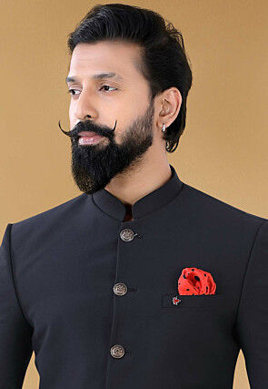 Solid Color Terry Rayon Jodhpuri Suit in Black