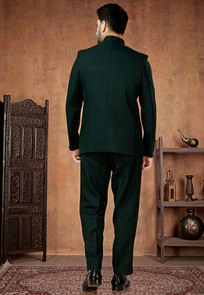 Solid Color Terry Rayon Jodhpuri Suit in Dark Green