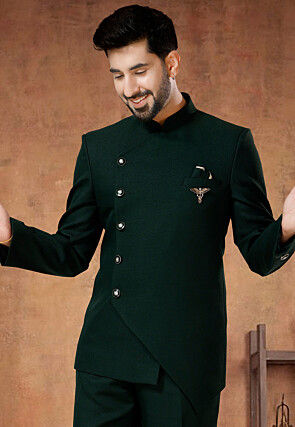 Solid Color Terry Rayon Jodhpuri Suit in Dark Green