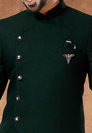 Solid Color Terry Rayon Jodhpuri Suit in Dark Green