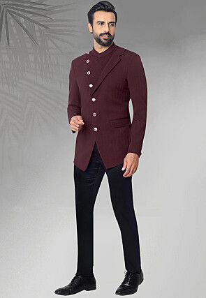 Solid Color Terry Rayon Jodhpuri Suit in Maroon