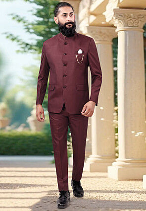Woven Terry Rayon Jodhpuri Suit in Maroon