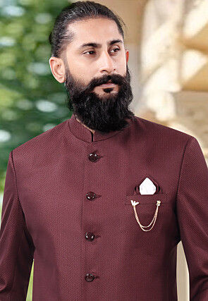 Woven Terry Rayon Jodhpuri Suit in Maroon