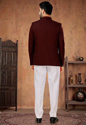 Solid Color Terry Rayon Jodhpuri Suit in Maroon