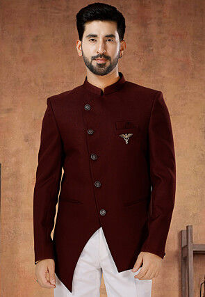 Solid Color Terry Rayon Jodhpuri Suit in Maroon