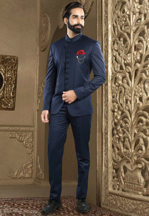 Solid Color Terry Rayon Jodhpuri Suit in Navy Blue