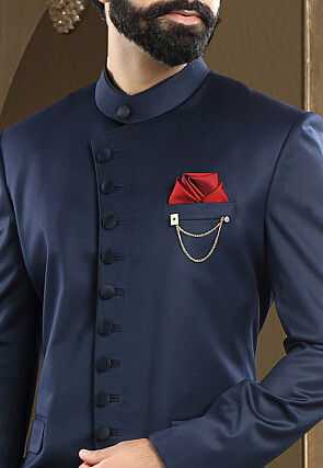 Solid Color Terry Rayon Jodhpuri Suit in Navy Blue